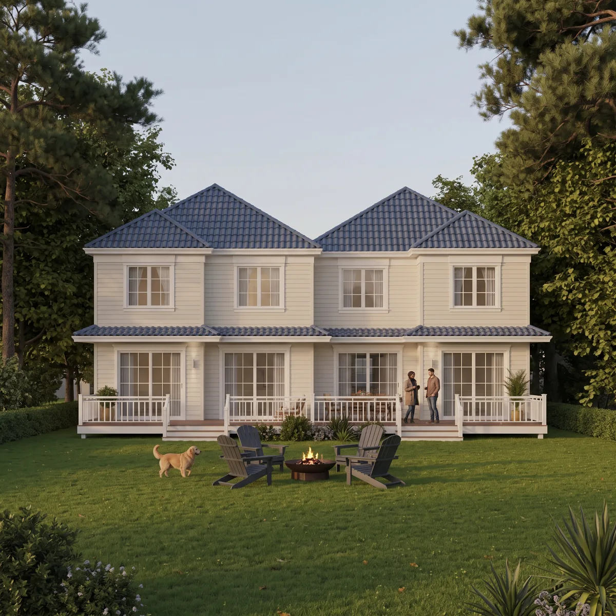 Rear elevation of Maple Place semi-detached homes with deck, fire pit and deep private yard
