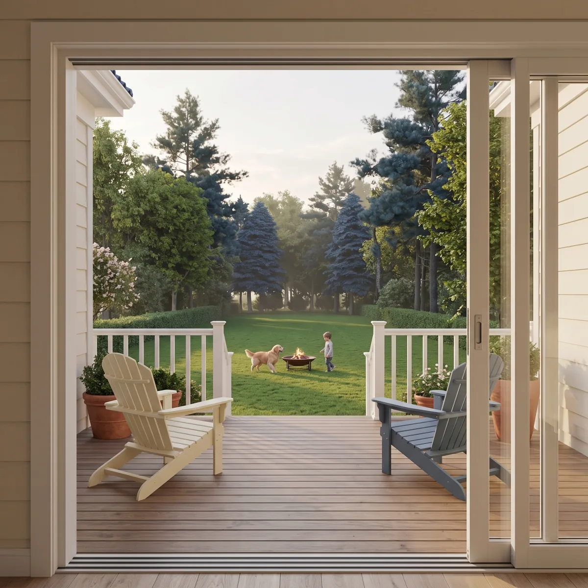 View from the rear deck of a Maple Place home over the private backyard and pines