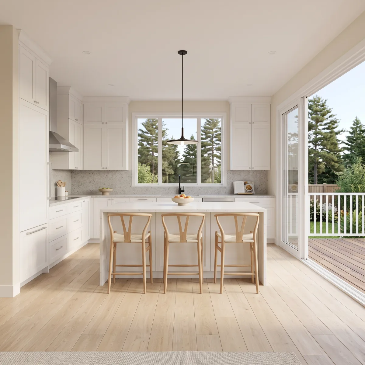 Maple Place open-concept kitchen with island and view to the deck
