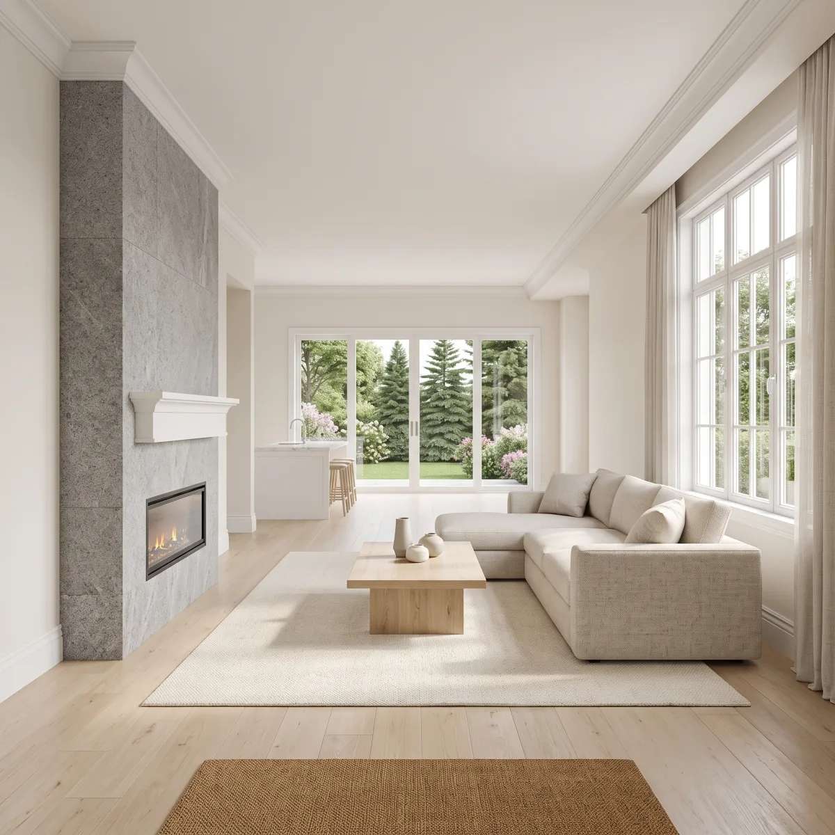 Maple Place open-concept living room with granite fireplace